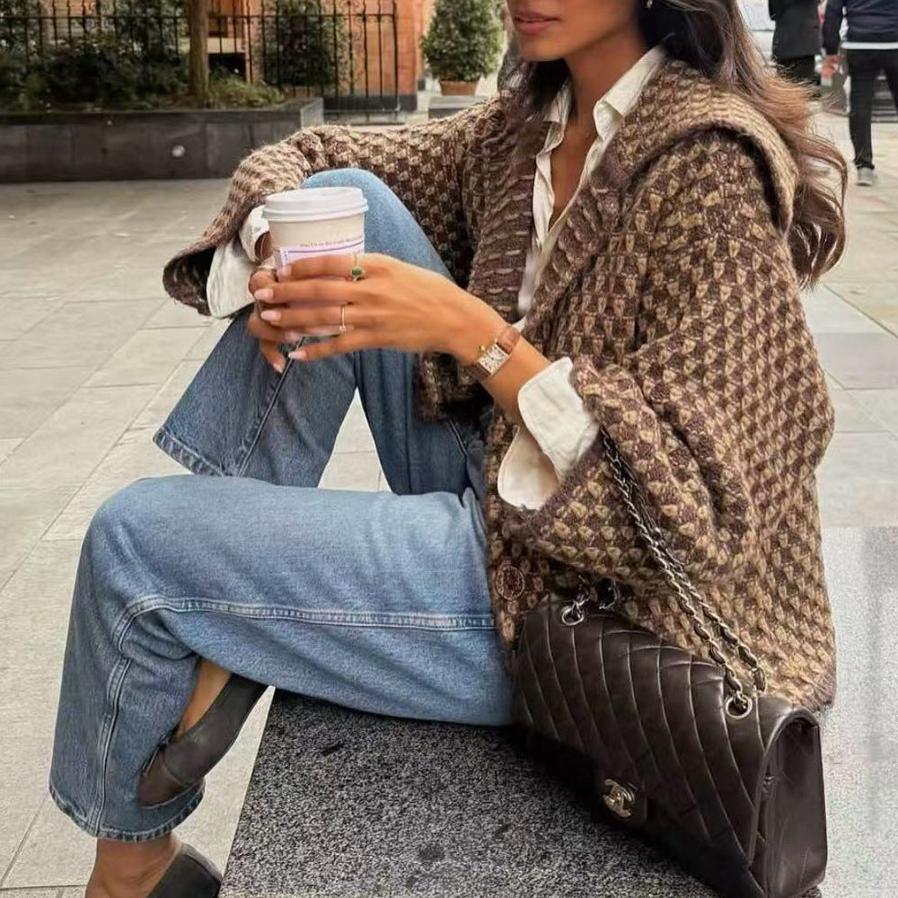 Damen Kurzjacke im Bouclé‑Waffelmuster mit großem Umlegekragen Nord Taschen