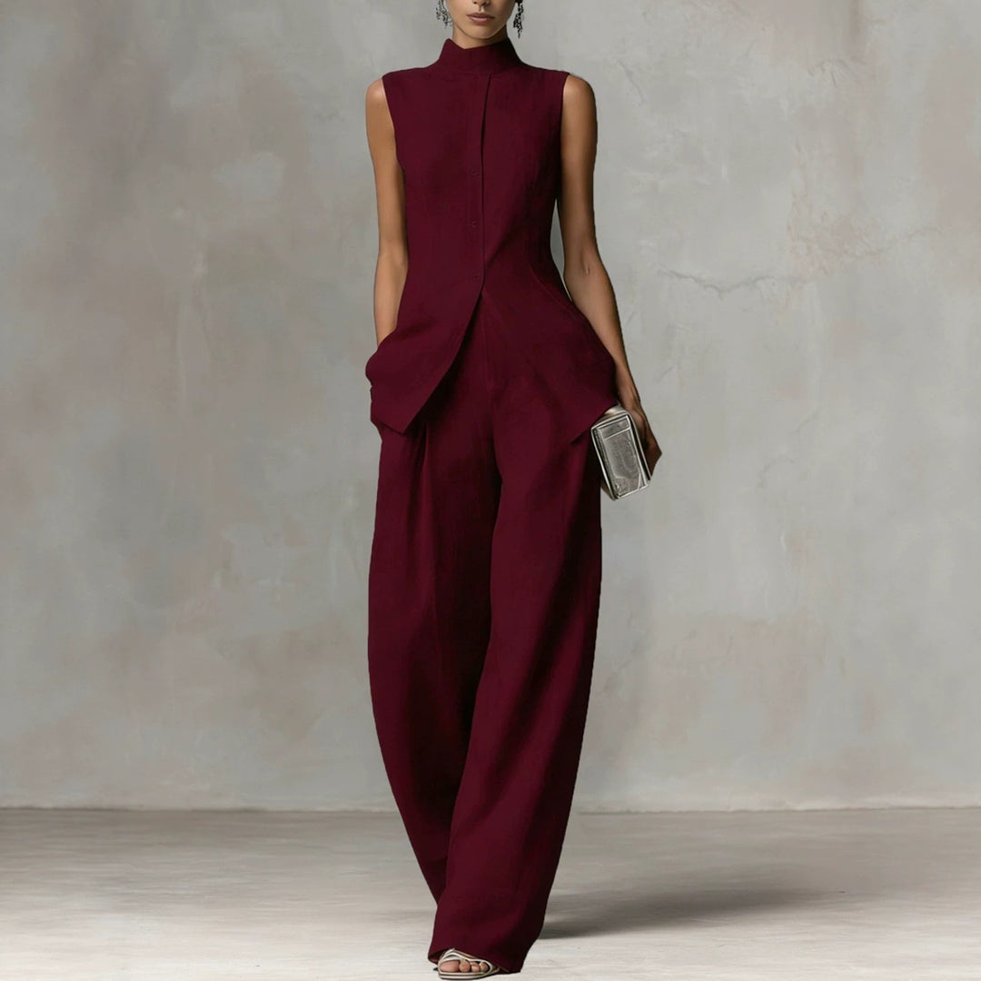 Damen Ärmelloser Leinen-Jumpsuit mit Stehkragen und weitem Bein Nord Taschen