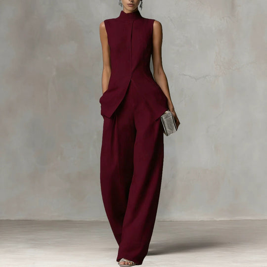Damen Ärmelloser Leinen-Jumpsuit mit Stehkragen und weitem Bein Nord Taschen