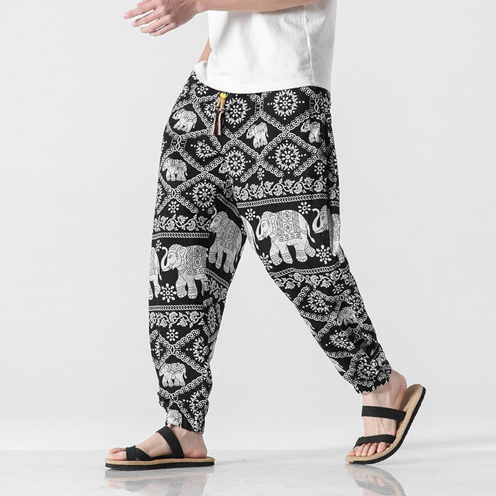 Unisex lässige Boho-Haremshose mit Elefantenmuster, elastischem Bund und Bündchen Nord Taschen