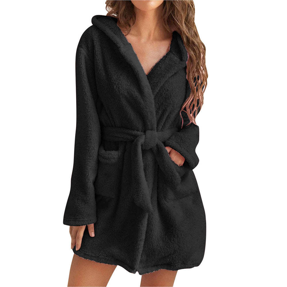 Damen Fleece Bademantel mit Kapuze und Gürtel