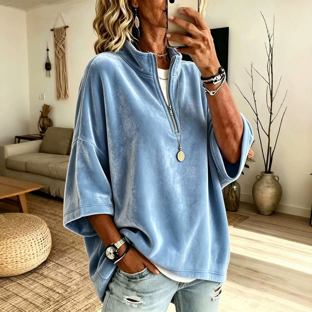 Damen Oversize Samt-Pullover mit kurzem Reißverschluss und Stehkragen Nord Taschen