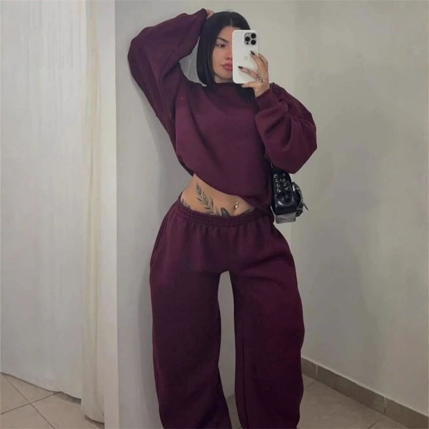 Damen Cropped-Sweatshirt mit hohem Rundhalsausschnitt und elastischer Tunnelzug Wide-Leg Jogginghose Set Nord Taschen