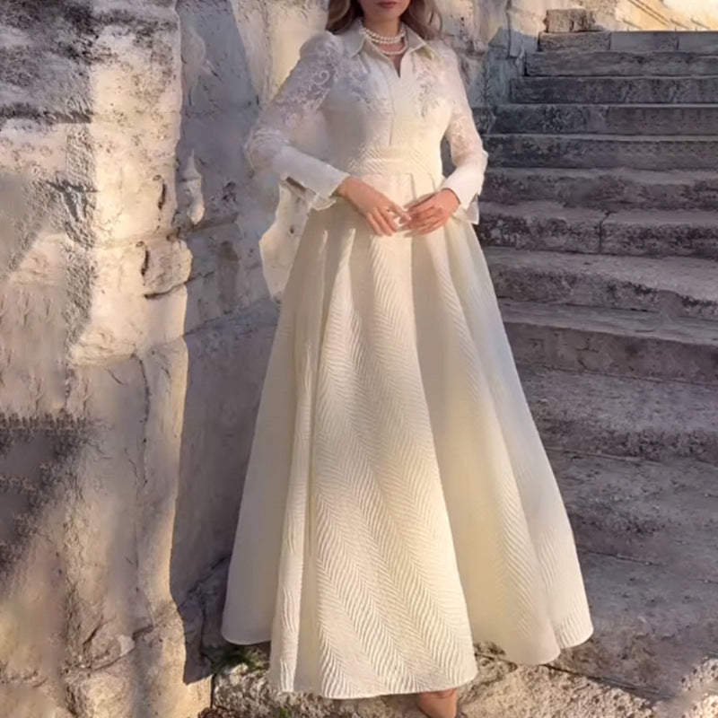 Damen Elegantes Maxikleid mit Spitzenärmeln und Taillengürtel