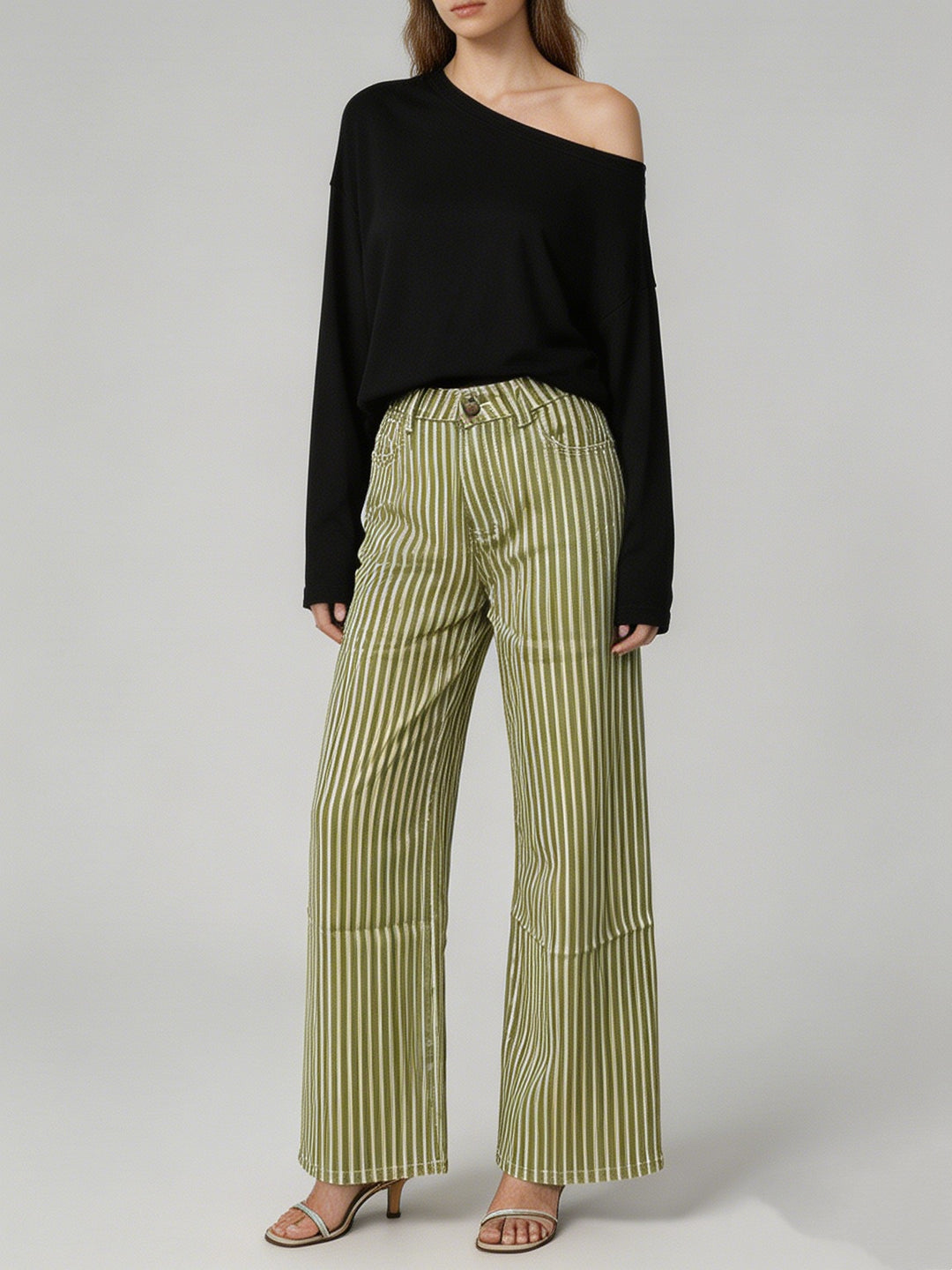 Damen weite High-Waist Palazzohose mit vertikalen Streifenoptik und abgesteppten Kniepartien Nord Taschen