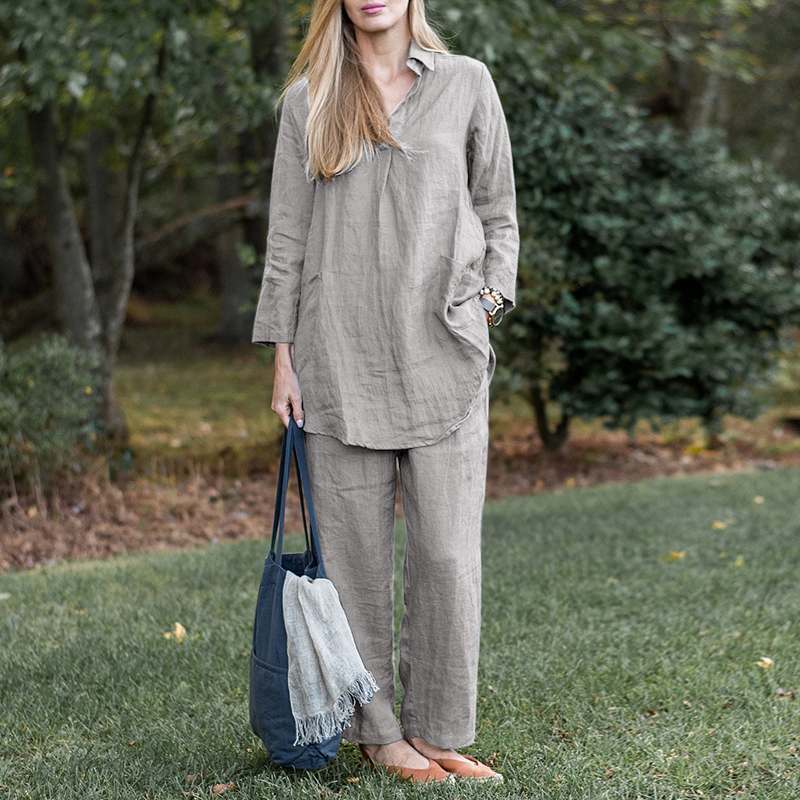 Damen Leinen-Loungewear-Set mit weitem Tunika-Hemd und lockerer Palazzo-Hose Nord Taschen