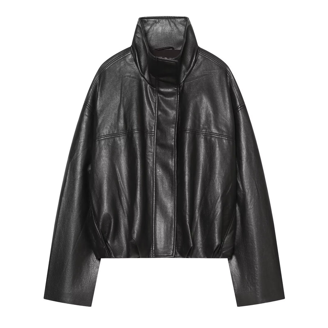 Damen Cropped Boxy Kunstlederjacke mit hohem Funnelkragen und verdeckter Leiste Nord Taschen