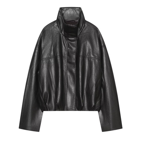 Damen Cropped Boxy Kunstlederjacke mit hohem Funnelkragen und verdeckter Leiste Nord Taschen