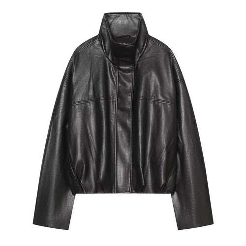 Damen Cropped Boxy Kunstlederjacke mit hohem Funnelkragen und verdeckter Leiste Nord Taschen