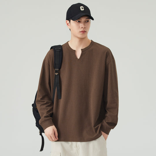 Herren Lockeres Langarmshirt mit V-Notch-Kragen und strukturierter Baumwollmischung Nord Taschen