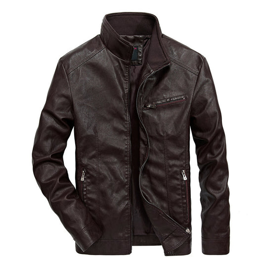 Herren Slim-Fit Kunstleder-Motojacke mit Stehkragen, Reißverschluss-Taschen und verstärkter Nahtführung Nord Taschen