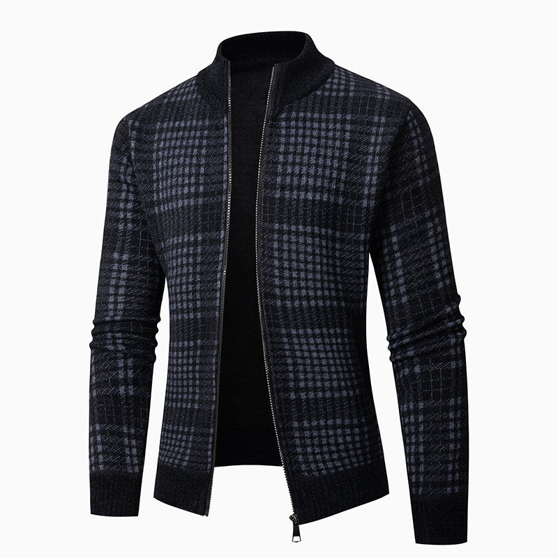 Herren Feinstrick-Zipcardigan mit Glencheck‑Muster, Stehkragen und Zwei‑Wege‑Reißverschluss Nord Taschen