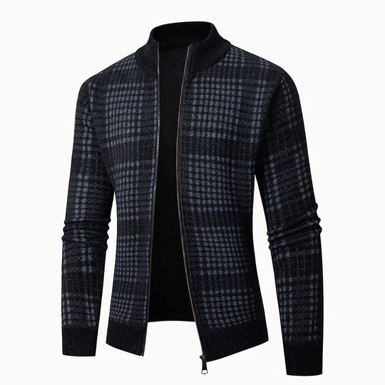 Herren Feinstrick-Zipcardigan mit Glencheck‑Muster, Stehkragen und Zwei‑Wege‑Reißverschluss Nord Taschen