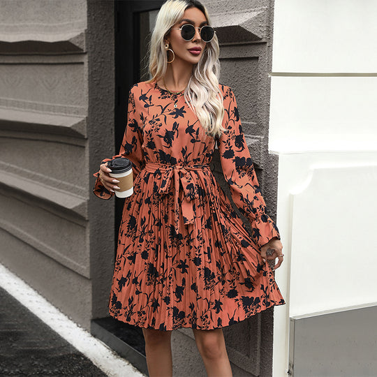 Damen Plissiertes Midikleid mit Bindegürtel, langärmeliger A‑Linie und floralem Allover-Print Nord Taschen