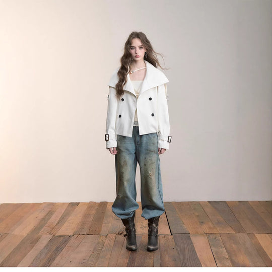 Damen Oversized Doppelreihige Trench-Bomberjacke mit hohem Stehkragen Nord Taschen