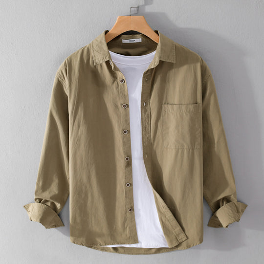 Herren Leichtes Baumwoll-Layering-Overshirt mit Kentkragen, Holzknöpfen und aufgesetzter Brusttasche Nord Taschen