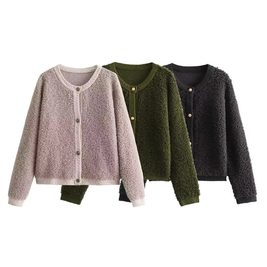 Damen Bouclé-Strickjacke mit Knopfleiste und Rundhalsausschnitt Nord Taschen