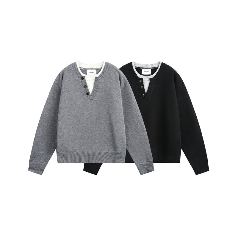 Unisex Grobgestrickter Pullover mit V‑Knopfleiste und Lagenkragen Nord Taschen