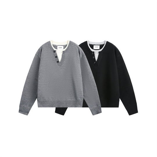 Unisex Grobgestrickter Pullover mit V‑Knopfleiste und Lagenkragen Nord Taschen
