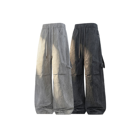 Damen Weite Leinenoptik Cargo-Bundhose mit Tunnelzug, Knieabnähern und asymmetrischer Seitentasche Nord Taschen