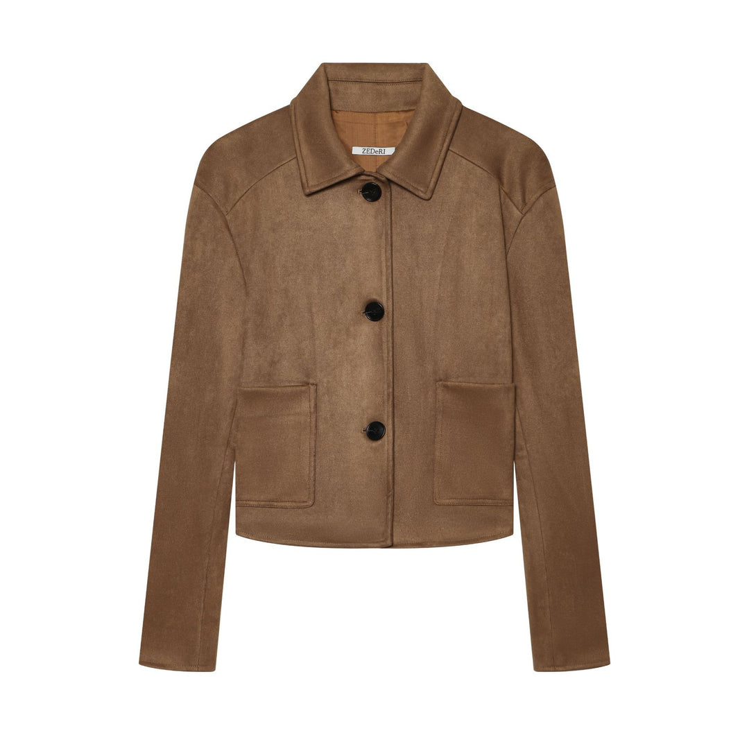 Damen Taillierter Cropped-Blouson aus Veloursimitat mit Hemdkragen und aufgesetzten Taschen Nord Taschen