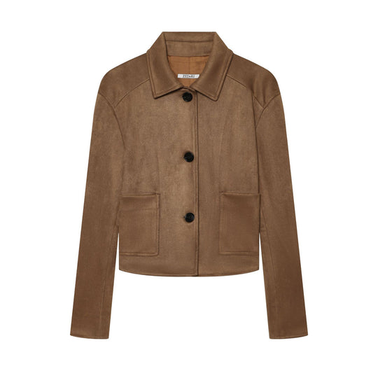 Damen Taillierter Cropped-Blouson aus Veloursimitat mit Hemdkragen und aufgesetzten Taschen Nord Taschen