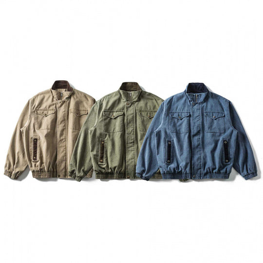Herren Kastenförmige Canvas-Blousonjacke mit Cordbesatz, Stehkragen und elastischem Saum Nord Taschen