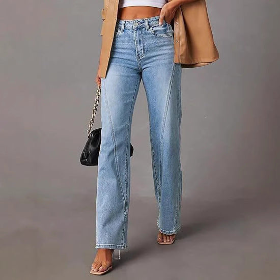 Damen High-Waist Wide-Leg Jeans mit dekorativer V-Naht Nord Taschen