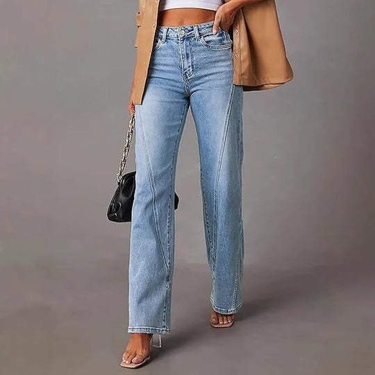 Damen High-Waist Wide-Leg Jeans mit dekorativer V-Naht Nord Taschen