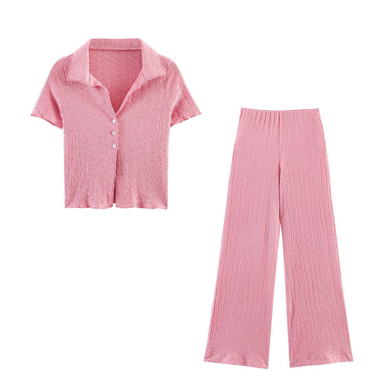 Damen Zweiteiliges Feinstrick-Set mit Kurzarm-Polokragen-Top und High‑Waist Weitbein‑Hose Nord Taschen