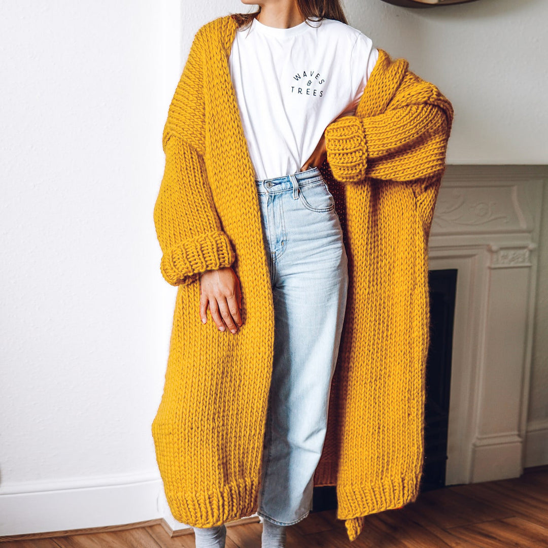 Damen Oversize Maxi Grobstrick-Cardigan mit offener Front und voluminösen Ärmeln Nord Taschen