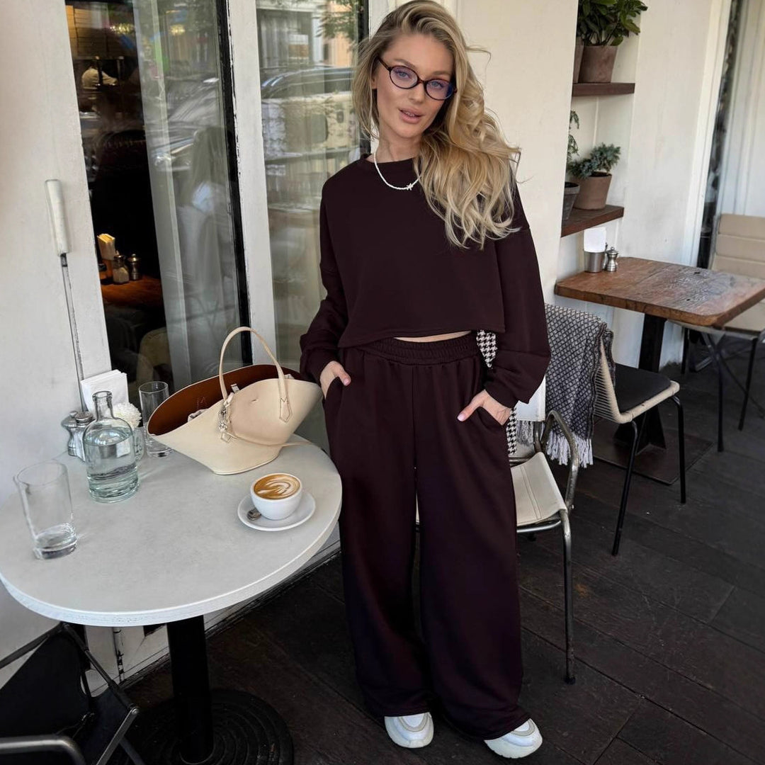 Damen Relaxed-Zweiteiler mit cropped Rundhals-Sweatshirt und extraweiter High-Waist Palazzo-Jogginghose Nord Taschen