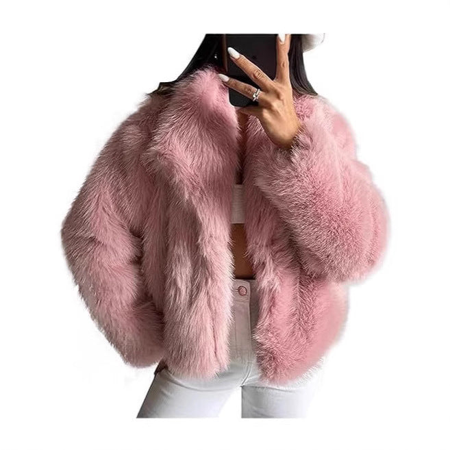 Damen Kurze Kunstfelljacke mit voluminösem Schalkragen Nord Taschen