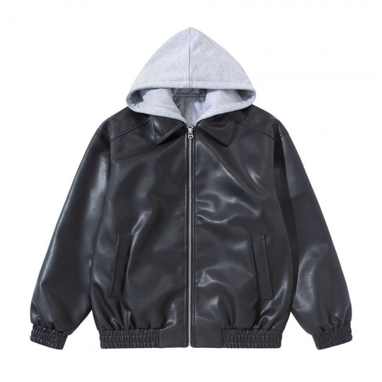 Unisex Oversize Kunstleder-Bomberjacke mit abgesetzter Kapuze, Reißverschluss und elastischem Saum Nord Taschen
