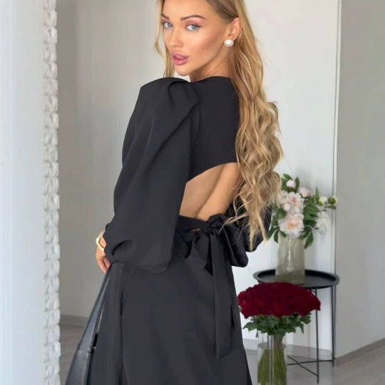 Damen Midikleid mit offenem Rückenausschnitt, voluminösen Puffärmeln und Bindegürtel Nord Taschen