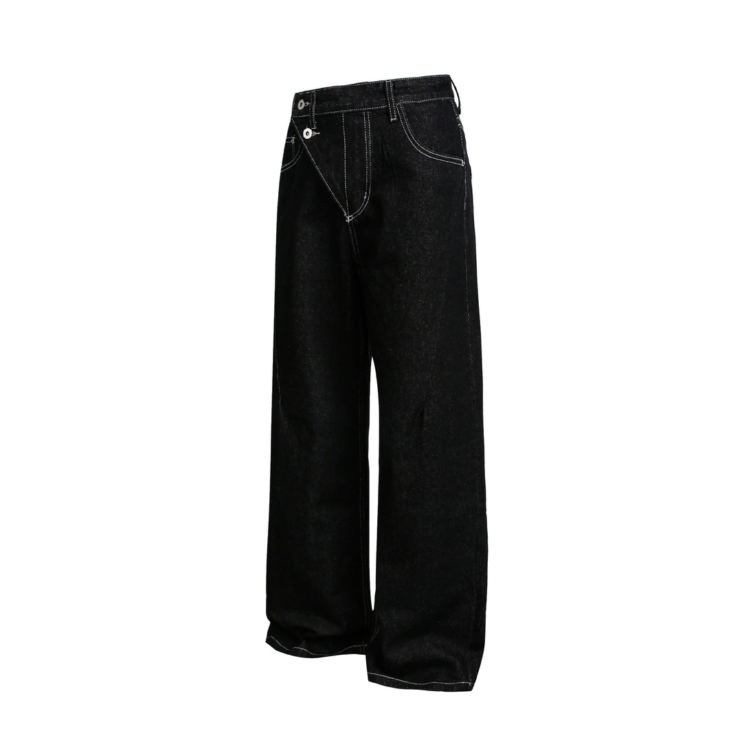 Damen Weite High-Waist Jeanshose mit asymmetrischem Knopfverschluss und Kontrastnähten Nord Taschen