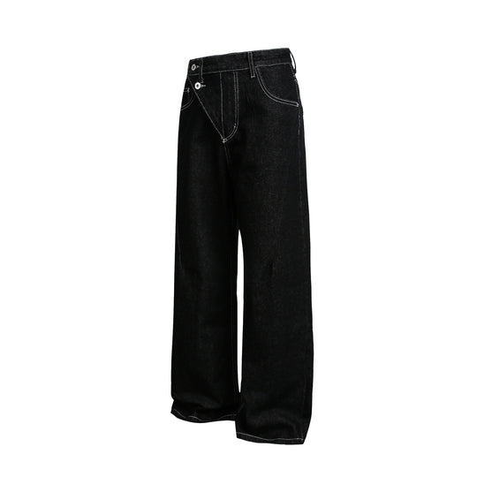 Damen Weite High-Waist Jeanshose mit asymmetrischem Knopfverschluss und Kontrastnähten Nord Taschen