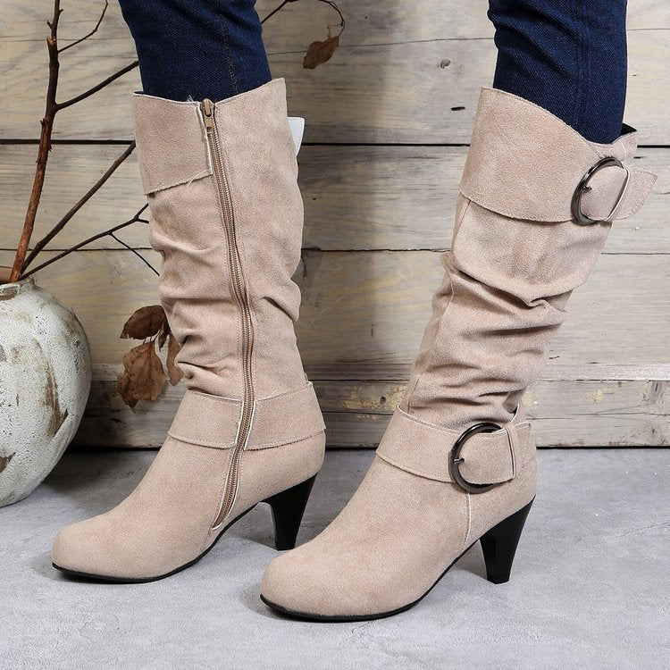 Damen Stiefel mit weichem Kunstvelours, Schlupf-Schaft und Zierschnallen Nord Taschen