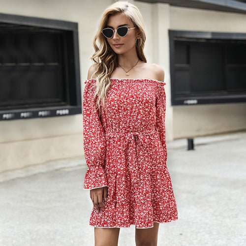 Damen schulterfreies Blumenkleid mit Carmenausschnitt, Taillenschnürung und Rüschensaum Nord Taschen