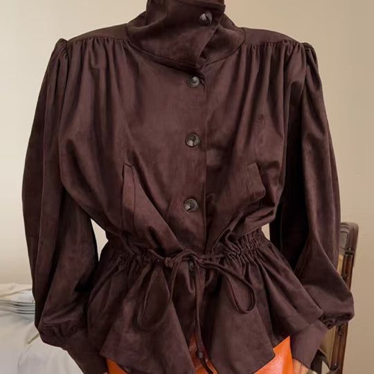 Damen Kurzjacke im Velours‑Suede‑Look mit Stehkragen, Tunnelzug und Ballonärmeln Nord Taschen