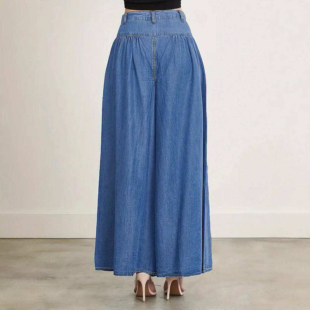 Damen Hochtaillierte Denim-Palazzohose mit geraffter Kellerfalte und extra weitem Bein Nord Taschen