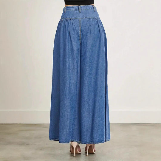 Damen Hochtaillierte Denim-Palazzohose mit geraffter Kellerfalte und extra weitem Bein Nord Taschen