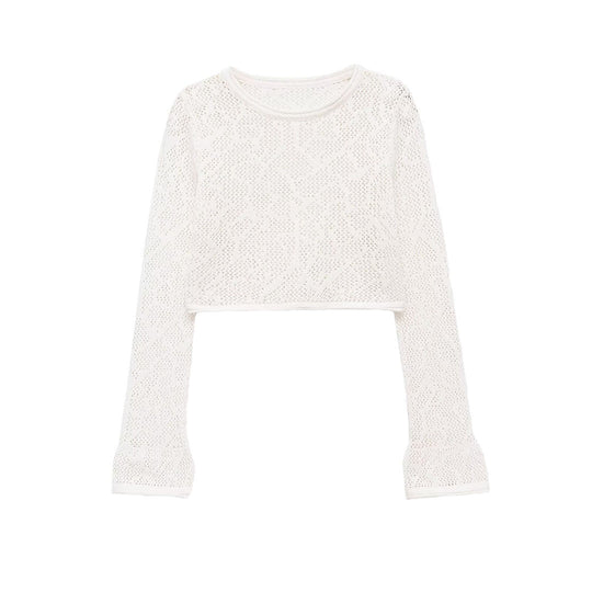 Damen Kurzgeschnittenes Ajour-Strick-Crop-Top mit Rundhalsausschnitt und leicht ausgestellten Ärmeln Nord Taschen