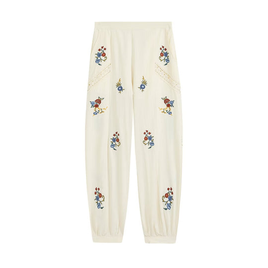 Damen Locker geschnittene Boho-Hose mit floraler Stickerei, Spitzeneinsätzen und elastischen Bündchen Nord Taschen