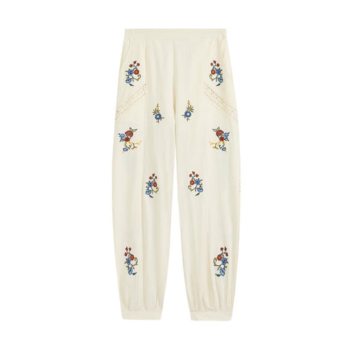 Damen Locker geschnittene Boho-Hose mit floraler Stickerei, Spitzeneinsätzen und elastischen Bündchen Nord Taschen
