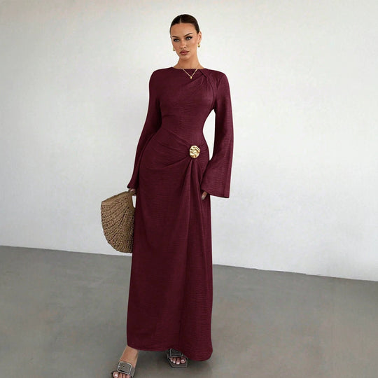 Damen Maxikleid mit Drapierung, Zierbrosche und weiten Trompetenärmeln Nord Taschen