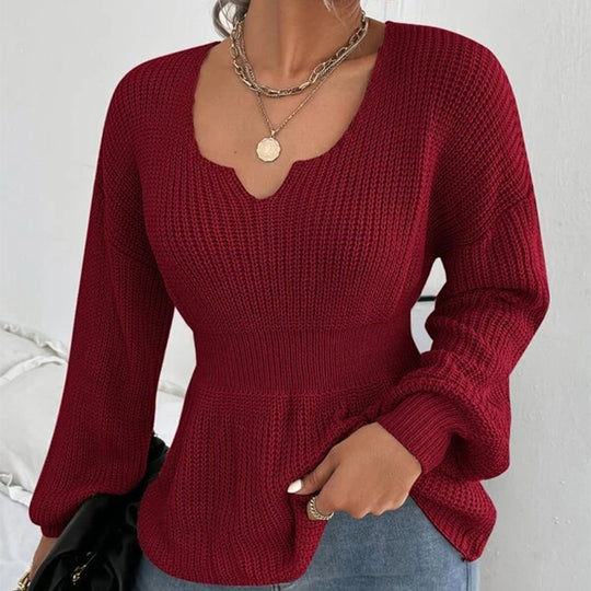 Damen Taillierter Feinstrickpullover mit eingekerbtem V-Ausschnitt, taillenbetonter Rippzone und Ballonärmeln Nord Taschen