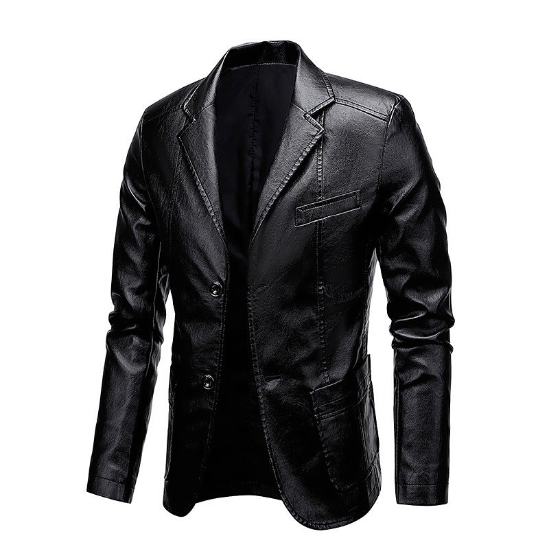 Herren Slim-Fit Kunstleder-Sakko mit Reverskragen und aufgesetzten Pattentaschen Nord Taschen