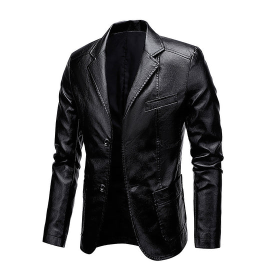 Herren Slim-Fit Kunstleder-Sakko mit Reverskragen und aufgesetzten Pattentaschen Nord Taschen