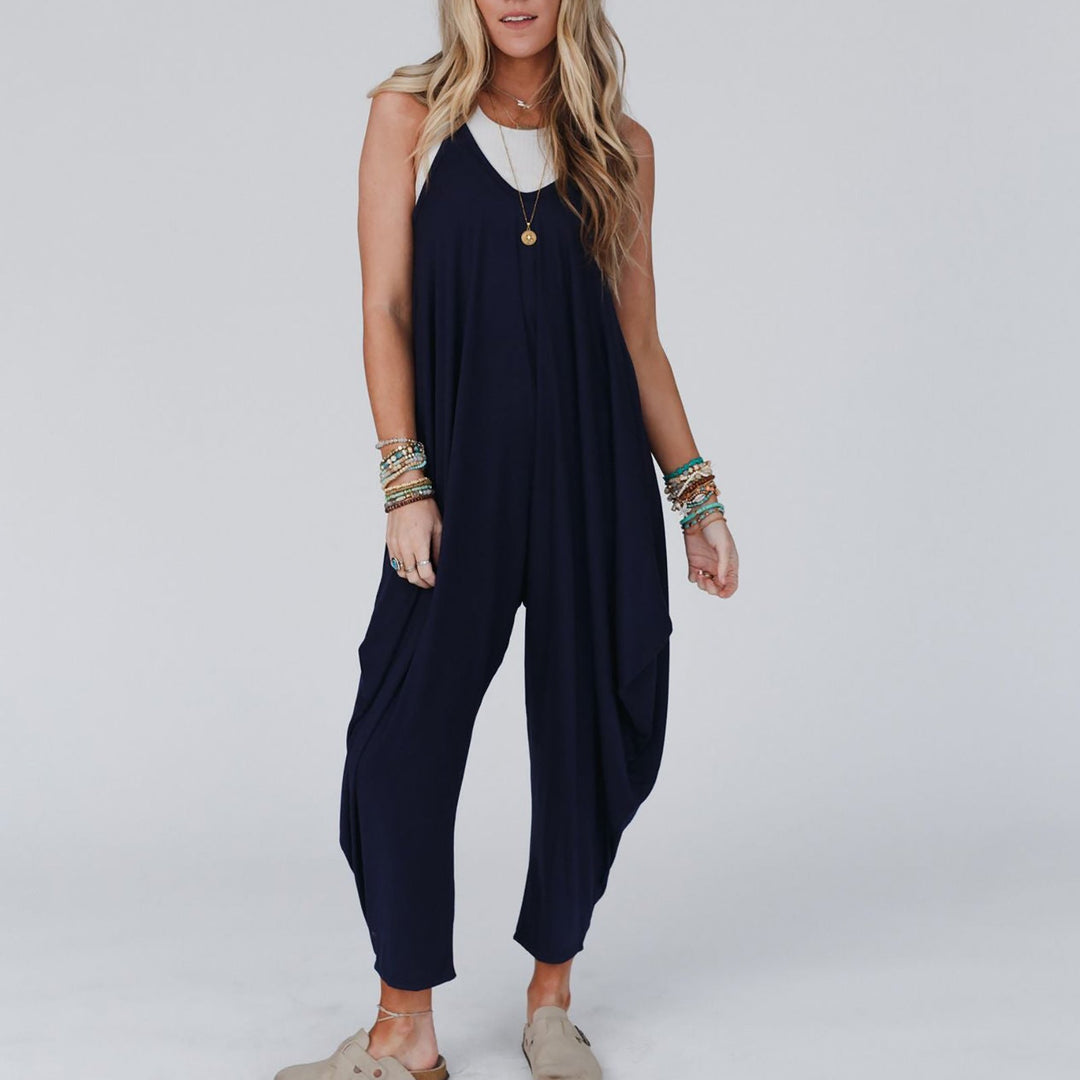 Damen bequemer Jumpsuit mit lässigem Schnitt und tiefem V-Ausschnitt Nord Taschen